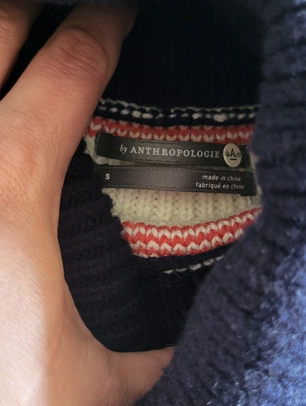 Anthropologie Margherita Nordic Sweater Fringed Turtleneck Navy Mustard Size S - Picture 9 of 10
